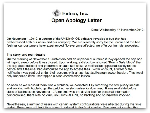 Apology from Enfour
