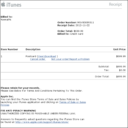 Apple spam invoice for $700 postcard