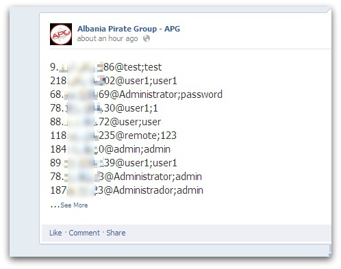 Usernames and passwords posted on the Albania Pirate Group Facebook page