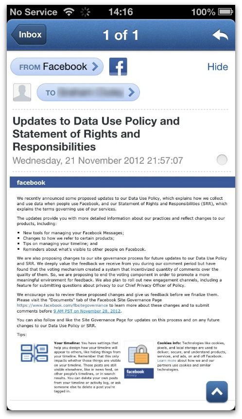 Facebook data policy email. Click for a larger version