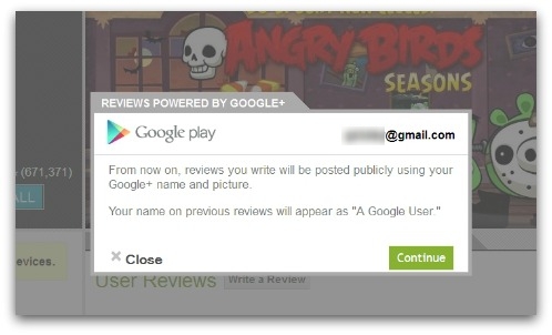 Google Play review notice. Click for larger version