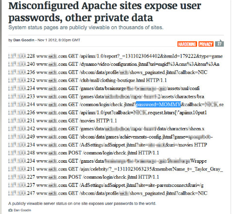 A screen shot of Ars Technica showing a server status page leaking passwords