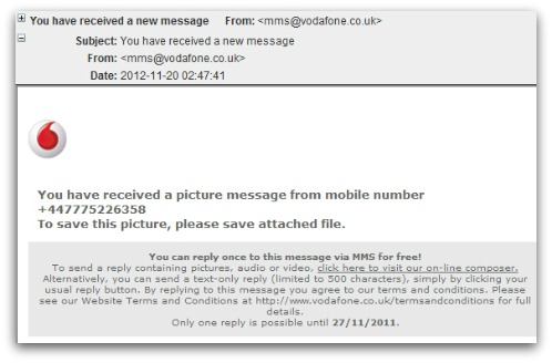 Malicious email claiming to come from Vodafone