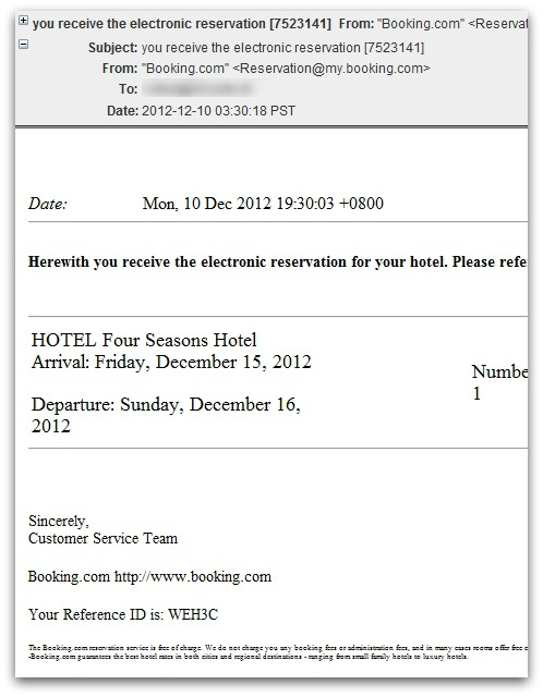 Malicious hotel booking email