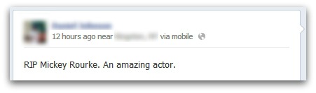 A fan (incorrectly) mourns Mickey Rourke on Facebook