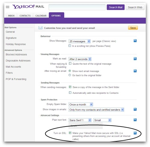 Yahoo Mail options screen