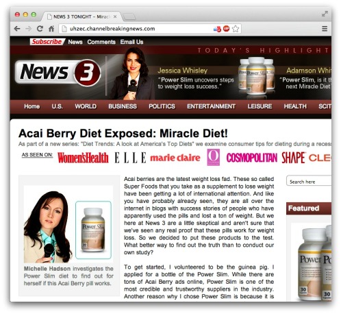 Fake news website, promoting Acai Berry diet