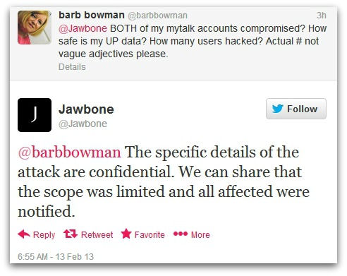 Tweet response from Jawbone