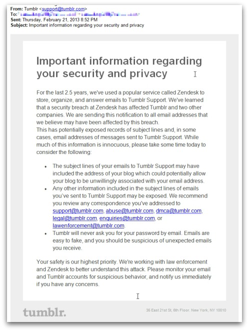 Security advisory sent out by Tumblr