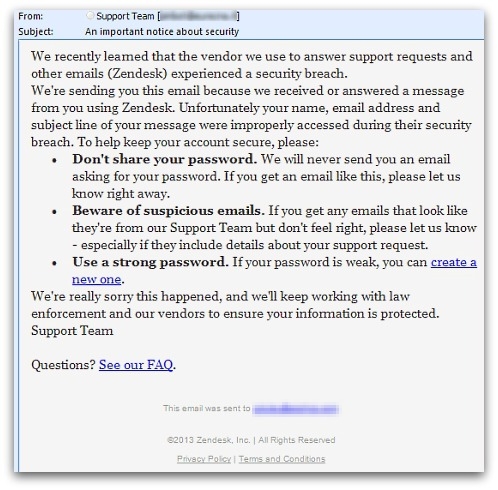 Fake security notice, pretending to be related to Zendesk breach