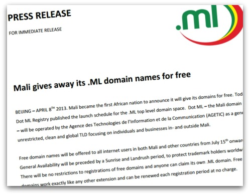 Press release about free .ML domains