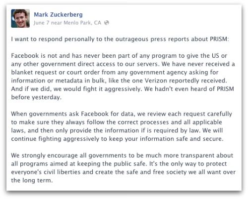 Message from Zuckerberg on PRISM 