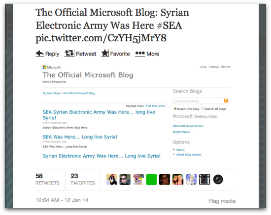 Screenshot of the Tweet from the SEA showing an image of their takeover of Microsoft's Technet blog