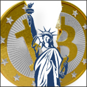 Images of Bitcoin and Statue of Liberty courtesy of Shutterstock