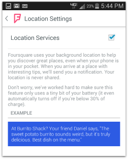 Foursquare location settings