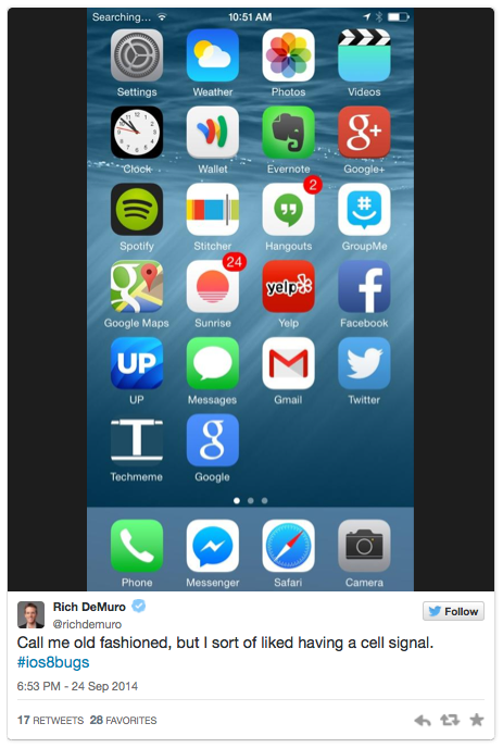 Twitter screenshot - iOS 8 bugs