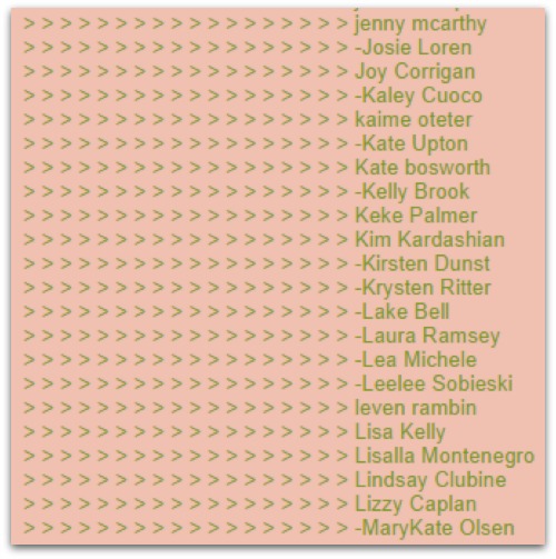 Screenshot of celebrity list