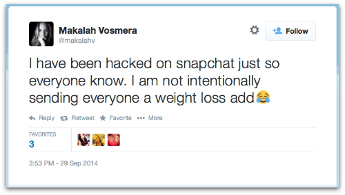 Screenshot of Snapchat fat spam hack message