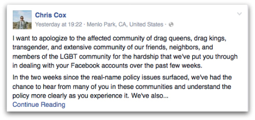 Chris Cox's apology on Facebook to the LGBT community