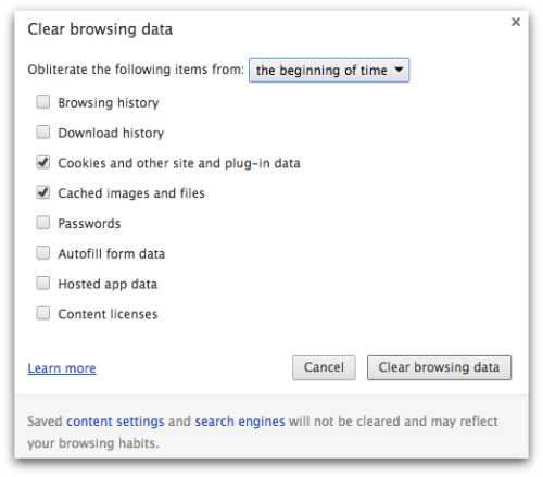 Chrome - clear browsing data