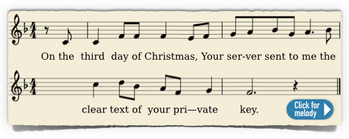 On the third day of Christmas/Your server sent to me/The clear text of your private key.