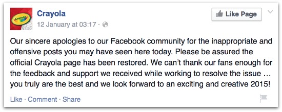 Crayola Facebook apology