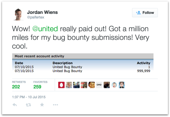 Wiens Twitter status on bug bounty payout