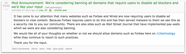 reddit moderator post on banning adblocker blocking websites