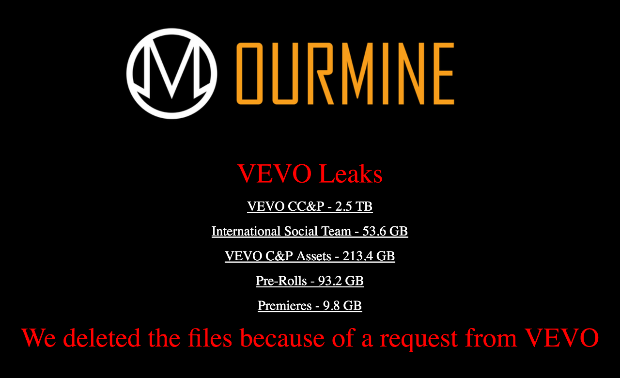 Screenshot of OurMine's Vevo hack page